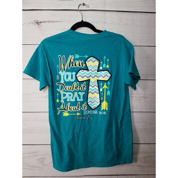 Cherished Girl Womens‎ T-Shirt Blue Short Sleeve Pray About It Crew Pullover S - Picture 2 of 5